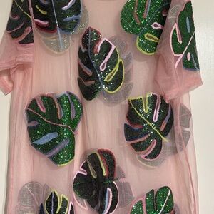 QUEEN OF SPARKLES Pink and Green Leafy Swim Coverup